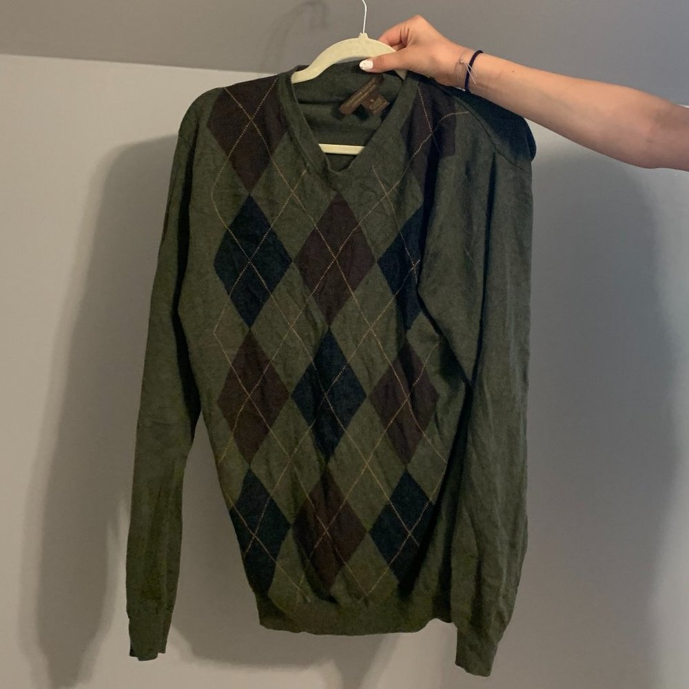 cotton cashmere blend v-neck vintage green diamond pattern sweater (Unisex)